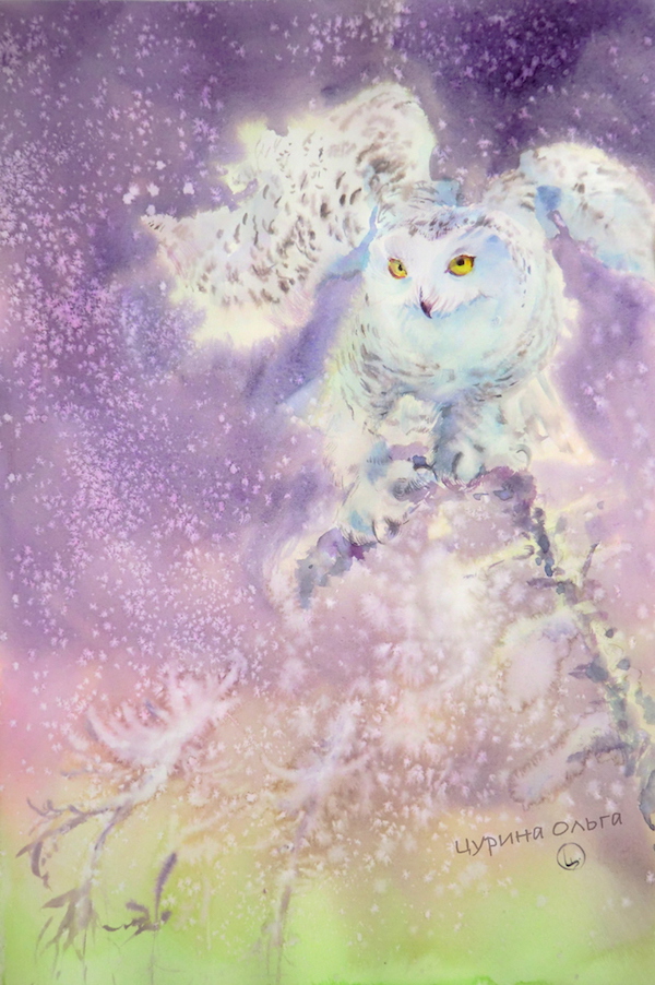 полярная сова талисман картина акварель Фен шуй Ольга Цурина